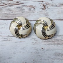 Vintage Clip On Earrings Just Over 1 &amp; 1/8&quot; Cream &amp; Gold Tone Circle - Tarnished - £10.38 GBP