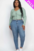 Plus Size Green Button Down Long Sleeve Crop Basic Ribbed Knit Top - £15.18 GBP