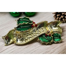 Vintage Gerrys Happy Holidays Banner Brooch Pin Holly Gold Tone Green En... - £10.33 GBP