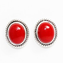 RED CORAL Lab-Created Gemstone 925 Sterling Silver Jewelry Stud Earrings - £34.54 GBP