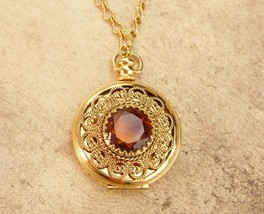 Vintage Sweetheart Locket Yellow topaz rhinestone 30&quot; golden chain romantic gift - £91.90 GBP