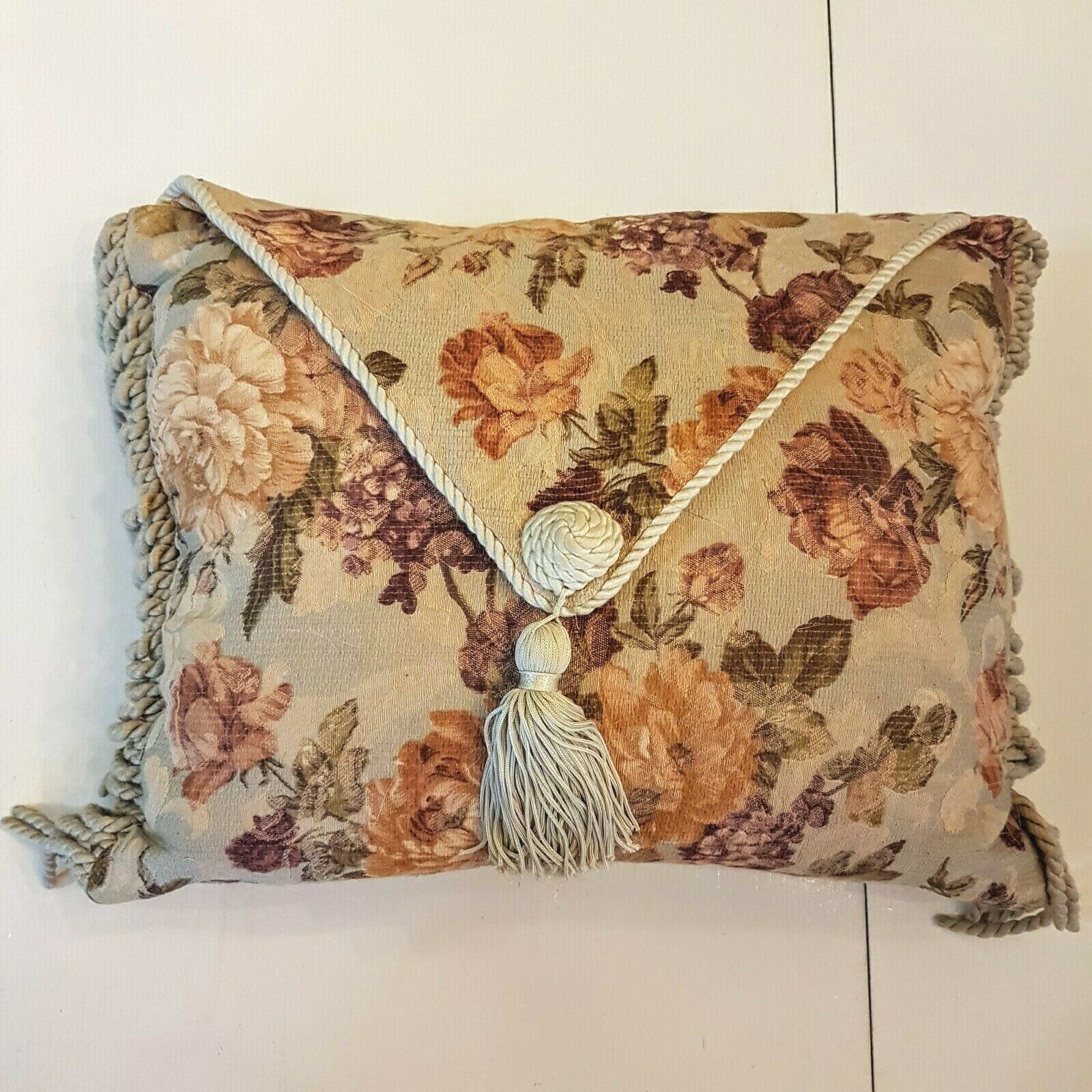 Accent Throw Pillow 12 x 16&quot; Orange Purple Floral Green Fringe Tassel Ho... - $14.85