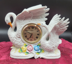 Vintage Landex Mantle Clock Porcelain 2 Swan (not working) Figurines are Perfect - £16.91 GBP