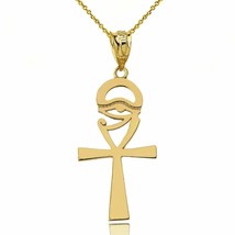 14k Solid Yellow Gold Ankh Cross Eye Of Horus Pendant Necklace - £142.11 GBP+