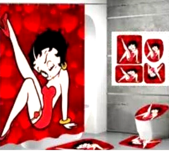 Betty Boop Red Bathroom Shower Curtain Toilet Seat Cover &amp; Rugs Set - £48.98 GBP