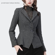 Vintage Grey Checkered Women Woolen Blazer Elegant Slim Short Jacket 2022 Autumn - £204.76 GBP