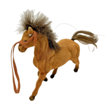 Vintage Flocked Plastic Horse Toy Brown Hair Mane and Tail 4.5&quot; Tall - $9.29