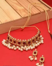 Joharibazar GoldPlated Kundan red Necklace Earring Ramdan Jewelry Choker Set - £26.29 GBP