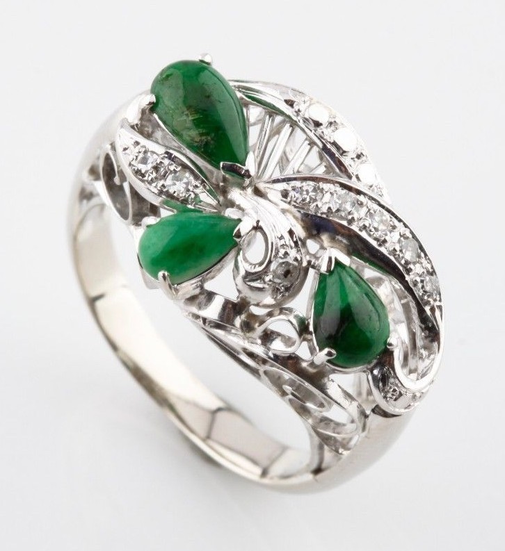 Cabochon Jadeite and Diamond 10k White Gold Cluster Ring Size 5.75 Item image 3
