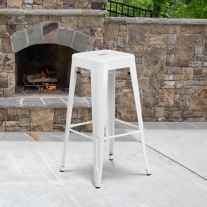 30" White No Back Metal Stool CH-31320-30-WH-GG