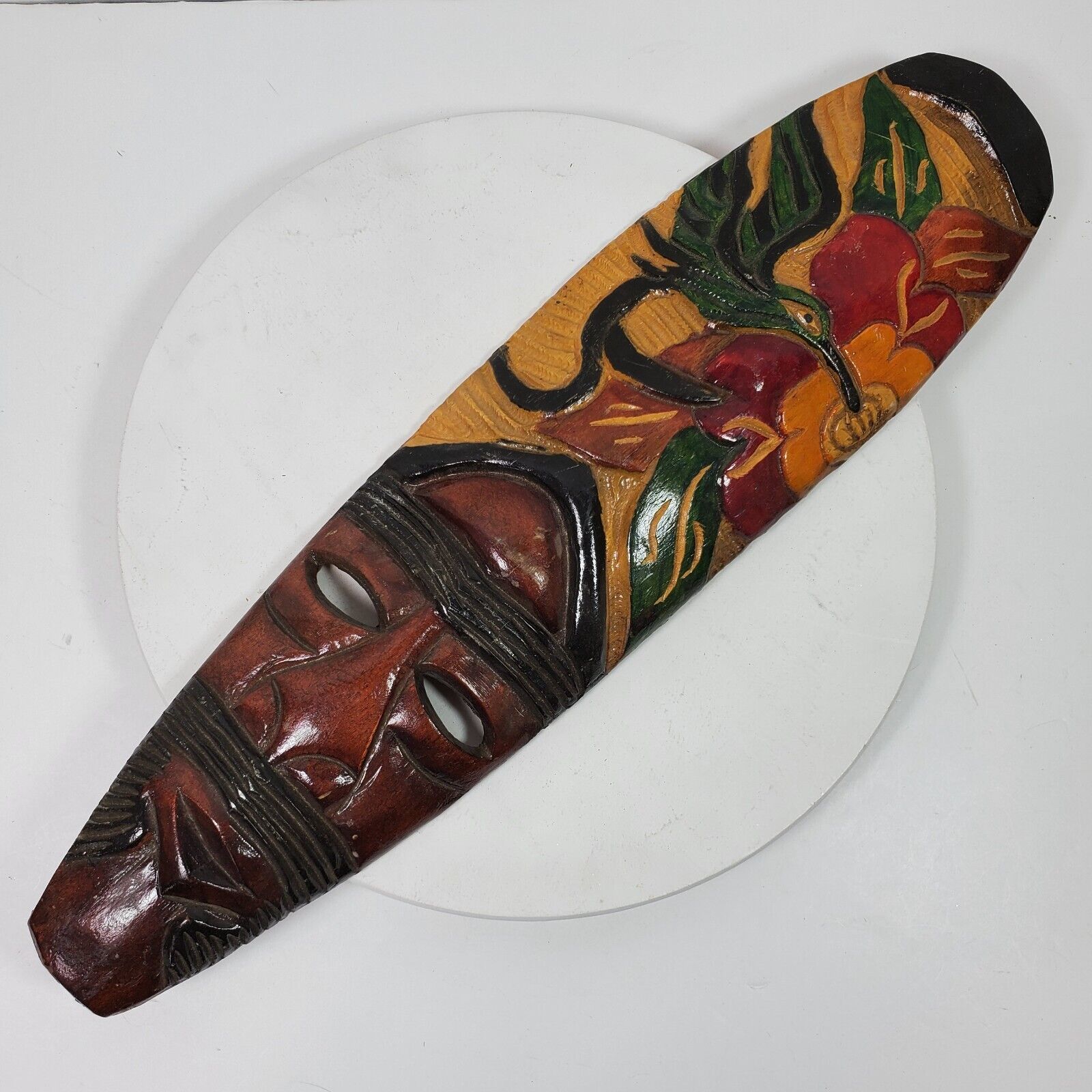 Vintage Tribal Mask ART Wood Handcrafted Hand Painted Wall Mount 23x6 Inch - $49.49