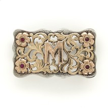 Sterling Belt Buckle w/Applied 14k Gold Flowers Lab-Created Ruby w/&quot;M&quot; (#J6591) - £504.07 GBP