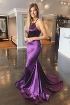 Sexy Mermaid Purple Satin Prom Dress Floor Length Women Evening Dress 2019 - £96.14 GBP