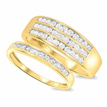 7/8 CT Simulated Diamond His Hers Wedding Band Set 14K Yellow Gold Plated Silver - £83.47 GBP