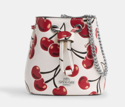 Drawstring Chain Wristlet With Cherry Print Mini Bucket Bag ~NWT~ Chalk ... - €119,49 EUR