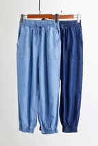 Dark Blue Denim CROP PANTS Drawstring Elastic Waisted Crop HAREM PANTS Trousers image 7