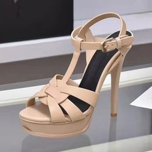 Beige Platform Sandals Woman Open Toe Soft Real Leather Knit High Heels ... - £132.30 GBP