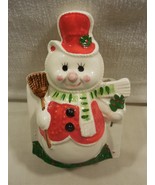 Vintage Dickson Japan Ceramic Christmas Snowman Broom Holly Planter 7108 - $36.41 CAD
