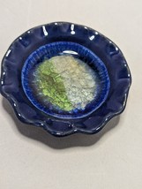 Art Pottery Cobalt Blue Glazed Trinket Dish Crackle Glass Infused Scallop Unique - £19.88 GBP