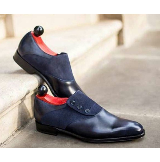 NEW Handmade Navy Blue & Black Oxford Shoes, Suede Leather Shoes, Men's Button S