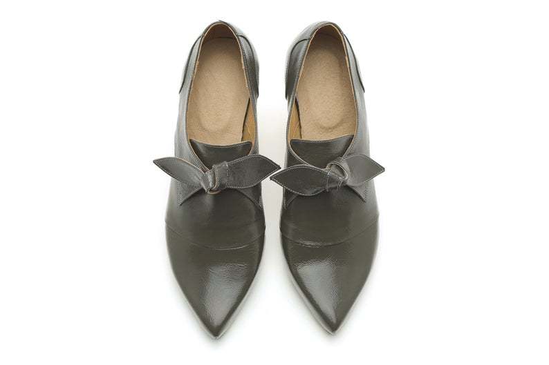Olive Green Patent Leather Butterfly Pointy Toe Women Magnificent Formal Shoes