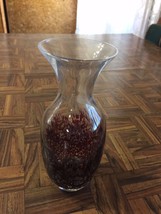 Vintage Hand Blown Clear Bubble Art Glass Flower Vase w/ Dark Red Accents 9&quot; Exc - £12.89 GBP