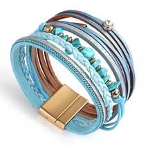 Blue Natural Stone Leather Bracelets for Women Trendy Boho Braided Rope Wide Mul - £13.54 GBP