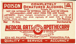 1 Antique Pharmacy Label Denatured Alcohol Medical Arts Apothecary Pensacola - £20.23 GBP