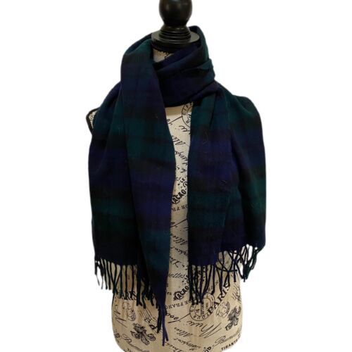 Primary image for Lands End Scarf Blue And Green Plaid Scarf 100% Wool 14x68 Men Women Unisex 