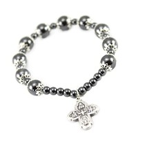 Bracelet Ealstic Hematite Capped Beads Four Way Cross - £36.21 GBP