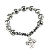 Bracelet Ealstic Hematite Capped Beads Four Way Cross - £35.42 GBP