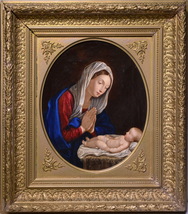 Religious scene Madonna Bending and Praying over Child 19th century Oil painting - £1,151.87 GBP