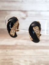 Vintage Clip On Earrings Half Hoop Chunky Black Enamel, Clear Gems, Gold Tone - £11.74 GBP