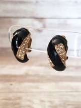 Vintage Clip On Earrings Half Hoop Chunky Black Enamel, Clear Gems, Gold Tone - £12.70 GBP