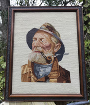 Vtg Fisherman smoking Pipe Framed Needlepoint 22&quot; x 27&quot;  Mariner Old Man Beard - £176.80 GBP