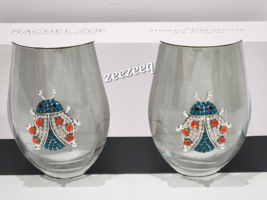 Rachel Zoe Rhinestone Beetle Stemless Wine Glasses Blue Red 2pc - £27.58 GBP