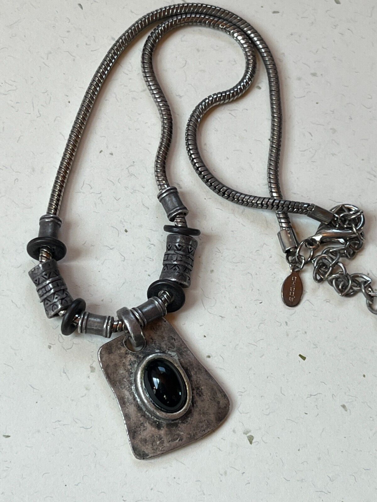 Primary image for Chico’s Thick Tubular Silvertone Snake Chain w Slide Barrel Beads & Hammered