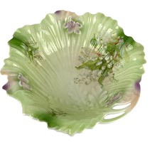 VTG Scalloped Porcelain Serving Bowl 10&quot; Green Floral Mint Silesien Germany - £32.43 GBP