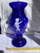 Glass Vase hand painted boy In countryside.  Cobalt, Gold, White. Czechoslovakia - £34.02 GBP