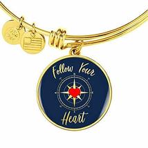 Follow Your Heart Compass Stainless Steel or 18k Gold Circle Bangle Bracelet - £32.50 GBP