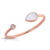 14K Solid Gold Ring With Bezel Set Natural Diamond &amp; Natural Opal Brilliant Cut - £269.23 GBP