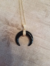 Large Silver horn necklace crescent moon pendant Mother of pearl horn Modern sym - £44.76 GBP