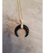 Large Silver horn necklace crescent moon pendant Mother of pearl horn Mo... - $76.80 CAD