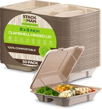 Compostable Clamshell Take Out Food Containers [8X8&quot; 3-Compartment 50-Pack] - £24.97 GBP