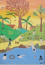 Vintage Signed ALCIDES Children by the River South American Brazil Art Painting - £4,049.55 GBP