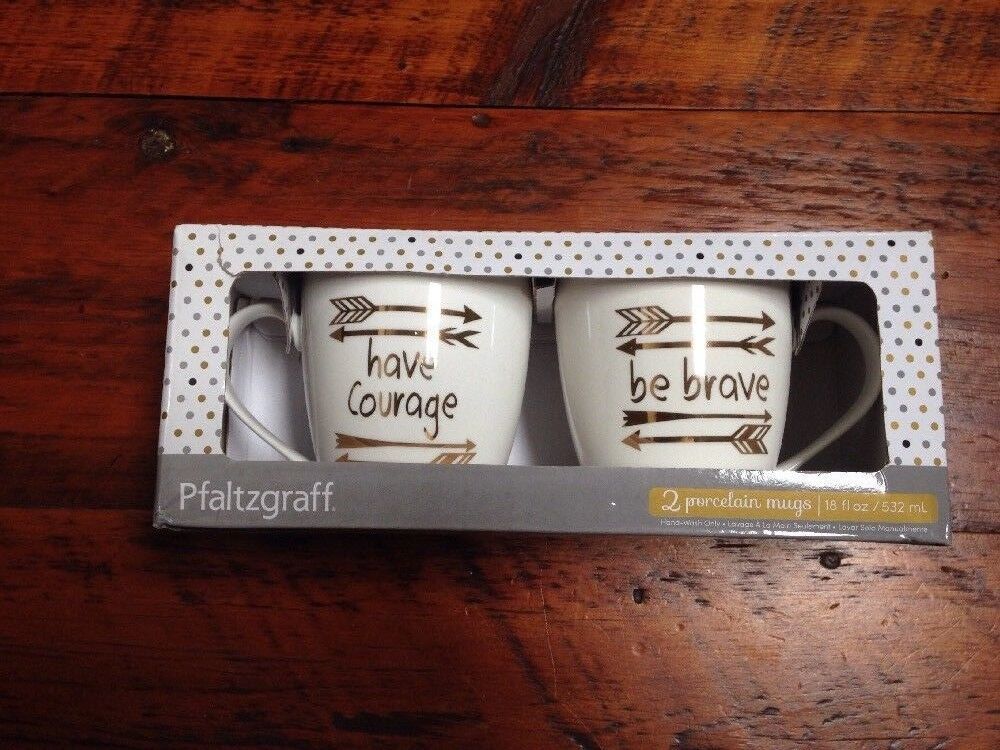 NIB NEW Pfaltzgraff Porcelain HAVE COURAGE + BE BRAVE Large Coffee Tea Mugs 18oz - $59.99