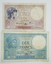 France Lot Of 2 Banknotes 5 And 10 Francs 1939 Circulated Very Rare - £29.10 GBP