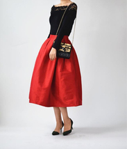 Red Pleated Taffeta Skirt Outfit Women Custom Plus Size Pleated Holiday Skirt