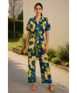 ZARA XS Floral Jumpsuit Wide Leg Belted Button Front Short Sleeve Satin ... - €46,70 EUR