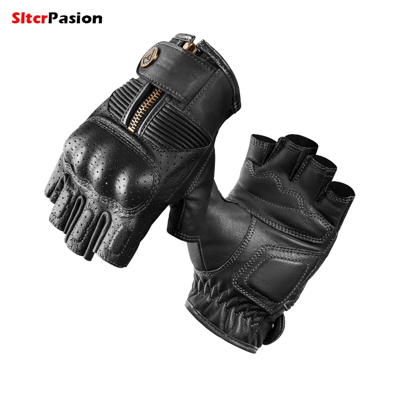 Summer Motorcycle Gloves Leather Half Finger Short Gloves Zipper Antique - £36.08 GBP